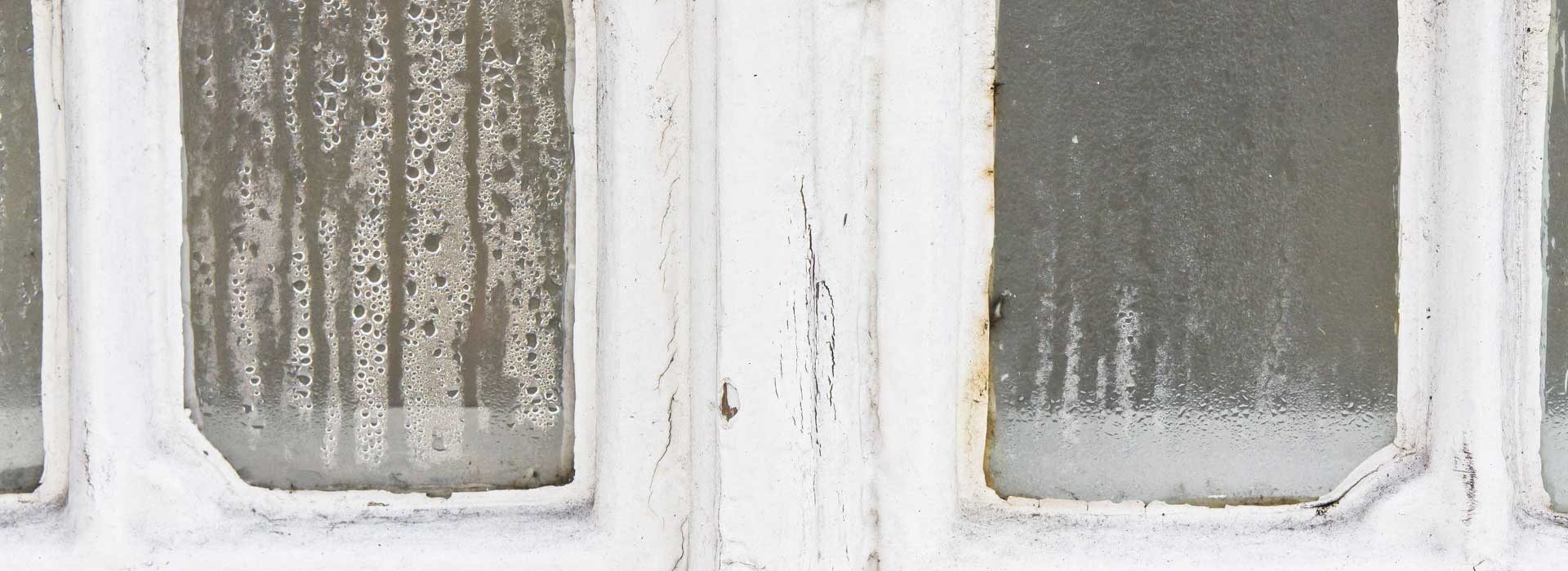 Severe condensation and mould growth on window panes caused by poor ventilation in UK property